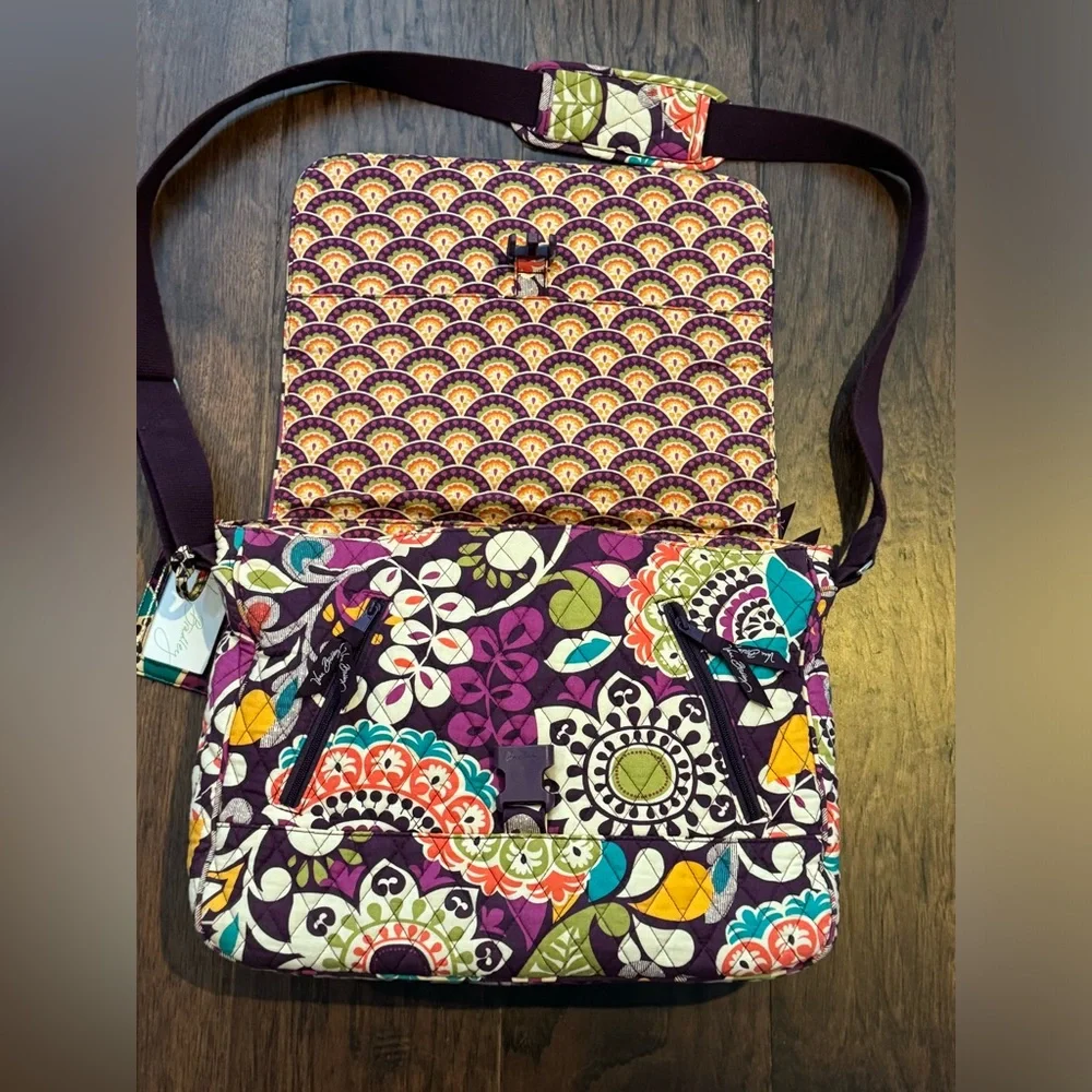 Vera Bradley Retired Messenger/Computer Bag in the Plum Crazy pattern.